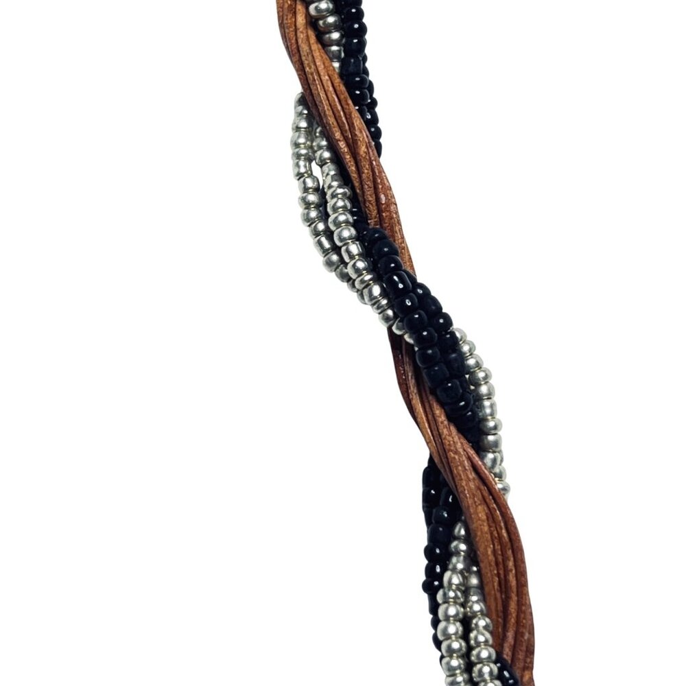 12 Strand Black And Gold Seed Bead Necklace With Floral Jasper Pendant (5892) - Picture 5 of 6